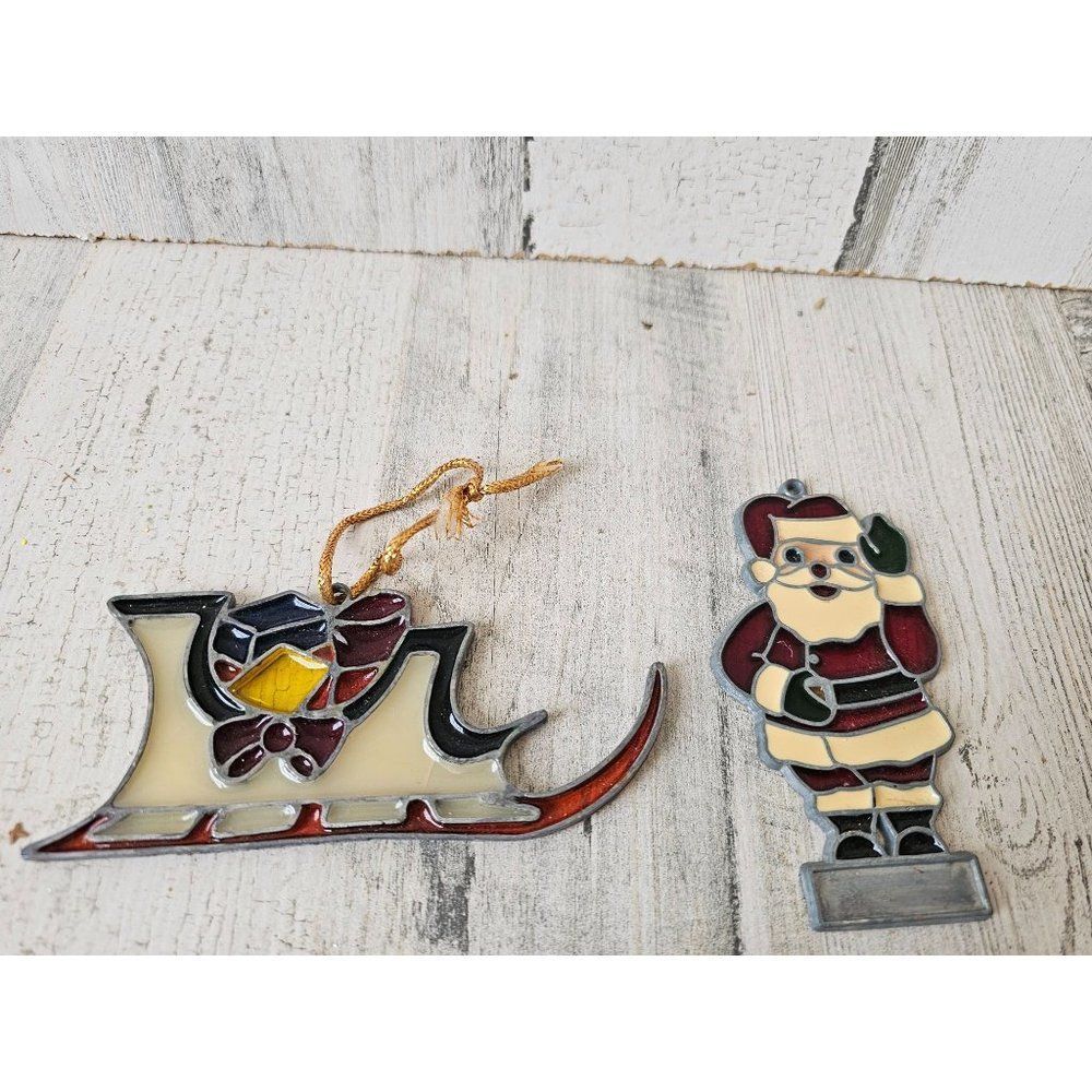 Vintage stained glass sleigh Santa ornament Xmas tree Sled